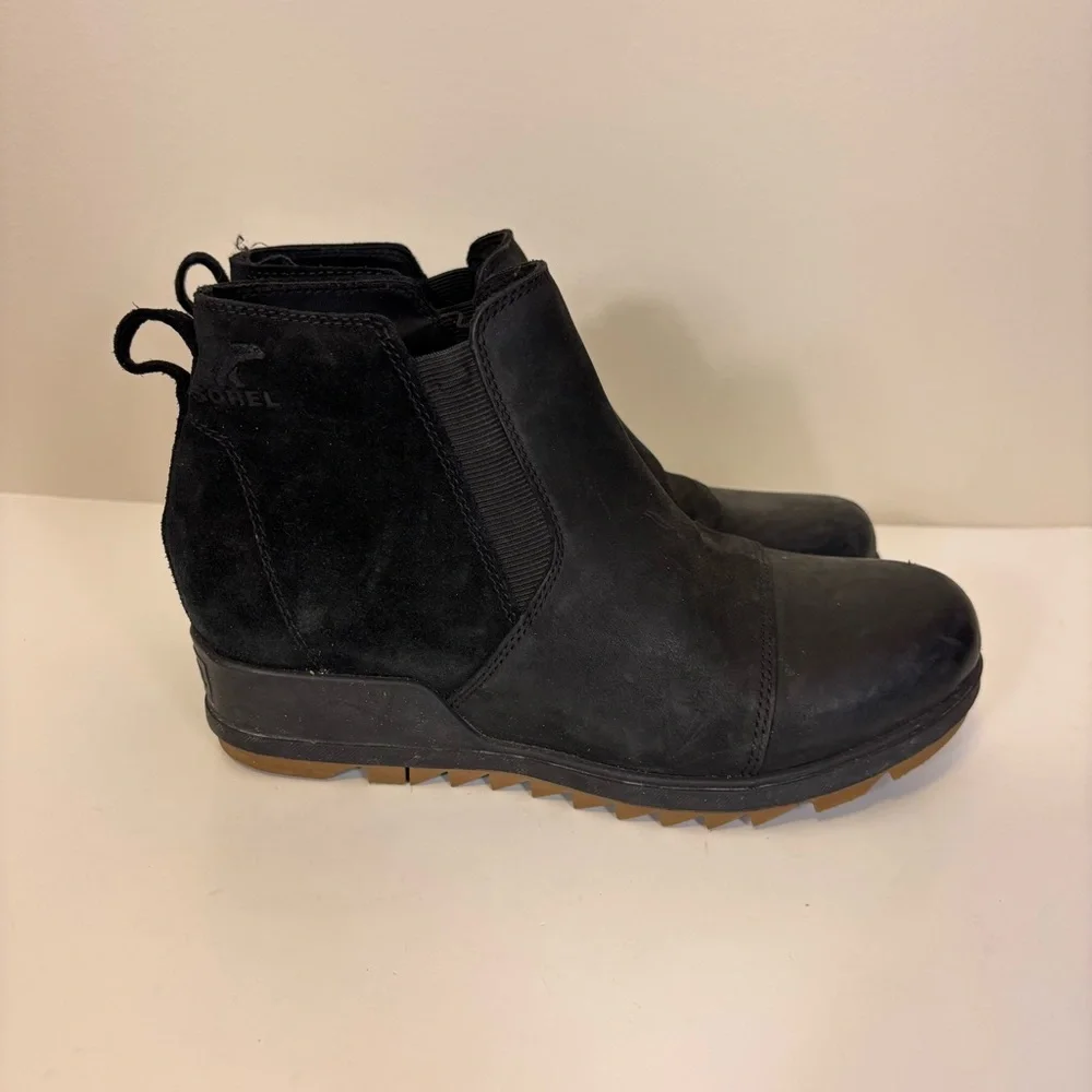 Sorel‎ Black Leather & Suede Wedge Ankle Booties 9